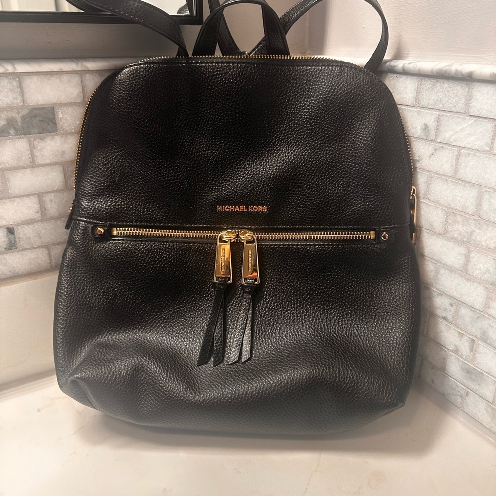 Michael Kors Black Textured Backpack with Gold Accents